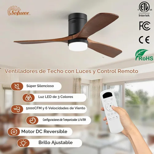 Vista 5 de Sofucor - Ventilador de techo empotrado y de varilla corta de 52 pulgadas con luz, ventilador de techo moderno de madera sólida con flujo de aire