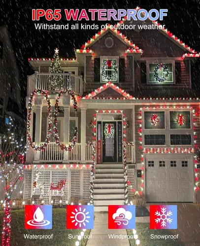 Vista 5 de Tira de luces LED de Navidad de 40 pies para exteriores, luces rojas y blancas de Navidad impermeables, 8 modos y temporizador, luces de árbol