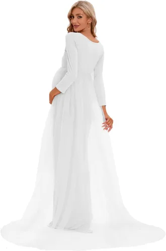 Vista 5 de ZIUMUDY Vestido de maternidad de tul con hombros descubiertos para sesión de fotos, vestido ajustado de manga larga para baby shower