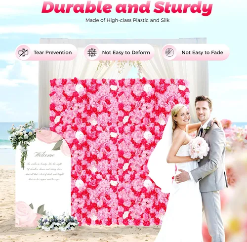 Vista 4 de Juego de paneles de pared de flores de seda artificial, telón de fondo de fiesta de boda, panel de pared floral de rosa de seda para ramo, Rosa