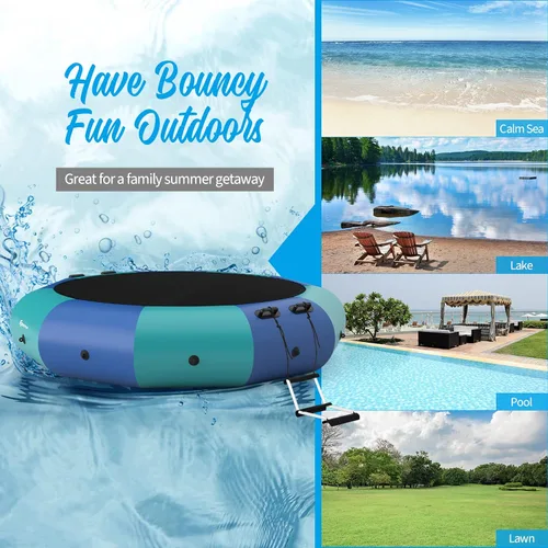 Vista 9 de Goplus - Trampolín inflable de agua de 10 pies, 12 pies, 15 pies, rebotador acuático recreativo con inflador eléctrico, escalera de cuerda, cuerdas