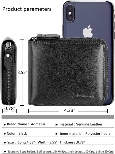 Vista 5 de Admetus - Cartera de piel auténtica para hombre con cremallera plegable