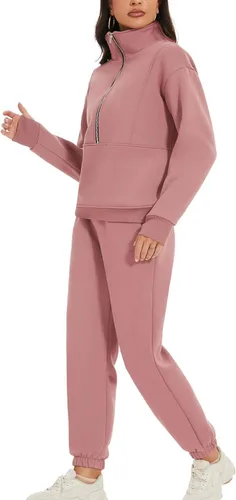 Vista 6 de PEHMEA Conjunto deportivo de 2 piezas de otoño para mujer, con forro polar, holgado, manga larga, media cremallera, cómodo conjunto de descanso