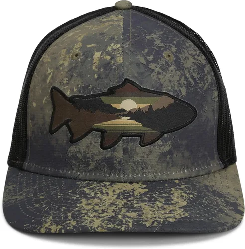 Vista 38 de Paramount Outdoors Sombrero de pesca de trucha al atardecer, diseño de silueta de pez de montaña, sombrero para exteriores con cómodo Snapback