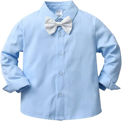 Vista 3 de IDOPIP Trajes de otoño e invierno para niños pequeños, camisa de manga larga con corbatín + chaleco + pantalones largos, overoles