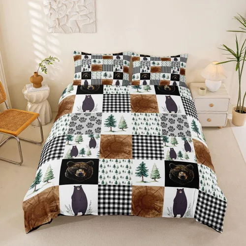 Vista 20 de Funda de edredón de cabaña marrón retro, juego de ropa de cama de retazos con diseño de oso del bosque, ciervos para cabaña rústica, funda de Multi