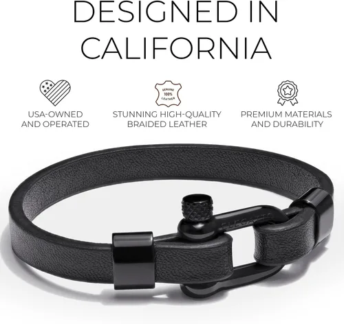 Vista 2 de Elegatto Morelle Pulsera de cuero premium para hombre Piel de grano entero color negro con cierre de grillete de acero inoxidable pulido