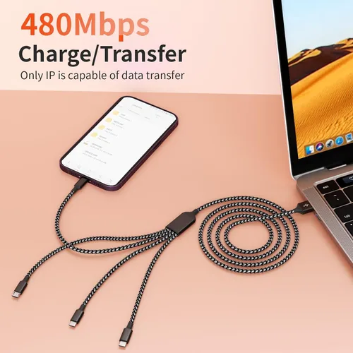 Vista 5 de Cable de carga múltiple, doble tipo C, cable de carga múltiple de nailon trenzado 4 en 1, cable de carga multi USB con puertos IP/tipo C/micro USB