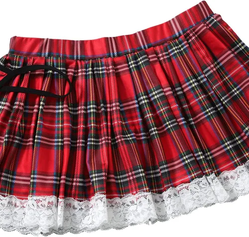 Vista 4 de SweatyRocks Conjunto de lencería para mujer con lazo frontal y falda, rojo (Red Tartan)