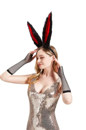 Vista 3 de Diadema con orejas de conejo, accesorios de disfraz de conejo, guantes de red y diadema de orejas de conejo
