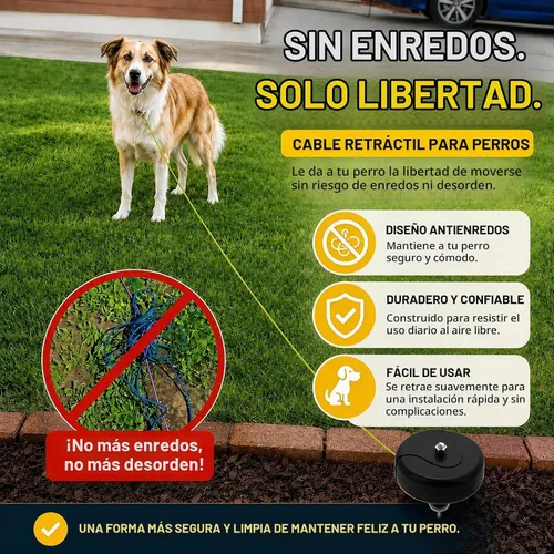 Vista 10 de Cable retráctil de 30 pies y estaca para perros, correa sin enredos para entre 10 y 90 libras, carrete retráctil de plomo de perro de 360° para Negro