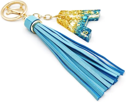 Vista 4 de Llavero con letra inicial del alfabeto azul, dije dorado con purpurina dorada, llavero con borla para bolso, bolsos, mujeres y niñas