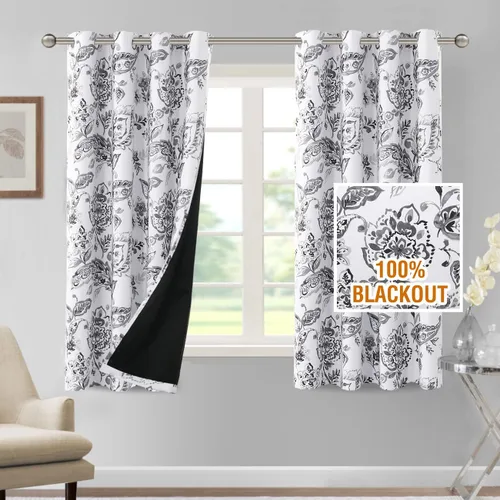 Vista 64 de H.VERSAILTEX - Cortinas 100% blackout con estampado floral de cattleyas, 45 pulgadas de largo, juego de 2 paneles térmicos con forro negro, a prueba