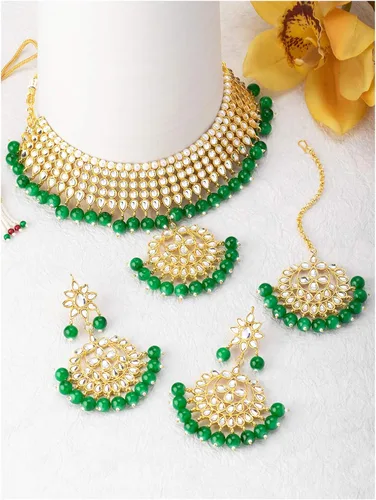 Vista 6 de Aheli Faux Kundan Necklace Earrings Maang Tikka Set Indian Ethnic Wedding Fashion Jewelry Set for Women