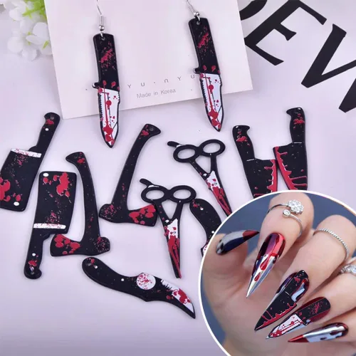 Vista 6 de 12 dijes de uñas de Halloween para uñas acrílicas, cuchillo de sangre de terror 3D, tijeras, hacha, dijes de Halloween para uñas, cuchillos 12