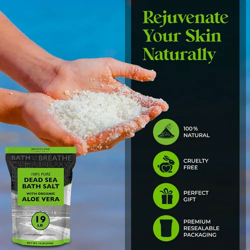 Vista 5 de Aromasong Sal orgánica del mar muerto de aloe vera de 19 libras + baño de recuperación muscular paquete de 3 libras – Hidratación calmante
