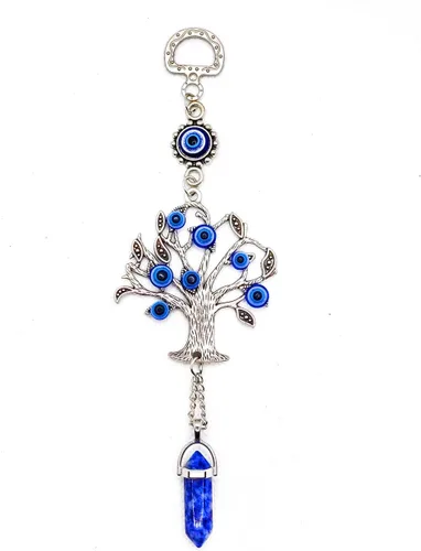 Vista 17 de LUCKBOOSTIUM Amuleto plateado con árbol de la vida con ojo malvado azul y piedra preciosa de cristal, dije para crecimiento, fuerza, protección