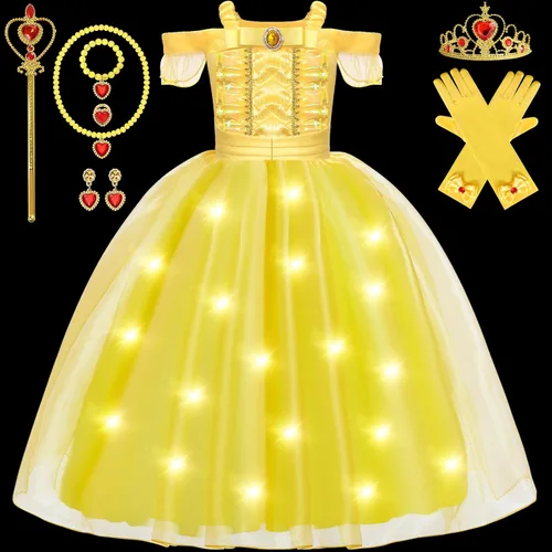 Vista 8 de Tacobear Disfraz de Bella iluminado para niñas, vestidos de Bella con accesorios de vestir, disfraz de princesa para Halloween, cumpleaños