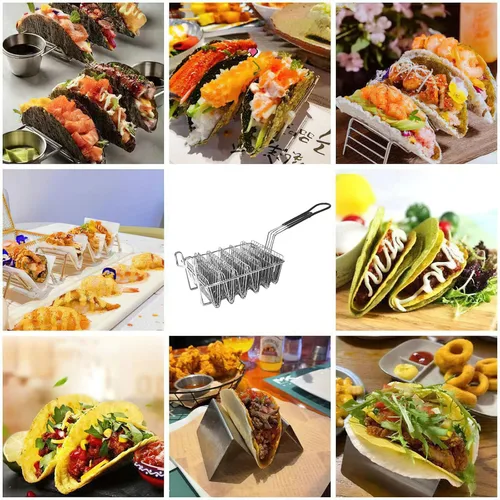 Vista 6 de Cesta para freidora de tacos, freidora de tacos, 6 conchas con mango desmontable, fabricante de conchas de tacos para hornear freidora de aire