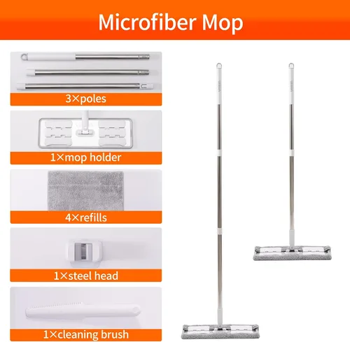 Vista 5 de Trapeador húmedo de microfibra de 360° para limpieza de suelos; 4 almohadillas de microfibra reutilizables resistentes; altura ajustable
