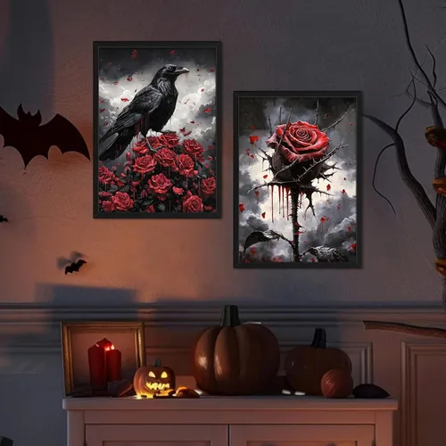 Vista 6 de Lienzo de pared de Halloween con marco de madera gótica para sala de estar, juego de 3 impresiones románticas de cuervo y mariposa, decoración