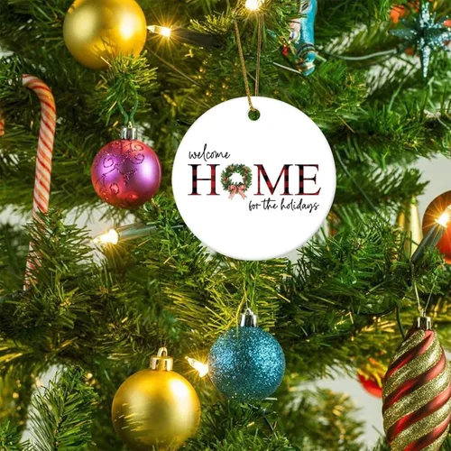 Vista 5 de Adorno de Navidad de cerámica de 3 pulgadas, recuerdo de bienvenida a casa para las vacaciones, divertido colgante de porcelana impresa de dos caras