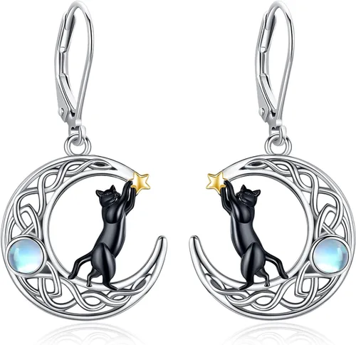 Vista 210 de Aretes colgantes de plata de ley con diseño de árbol de la vida, flor, abeja, animales, gato, colibrí, piedra lunar, turquesa, aretes con cierre