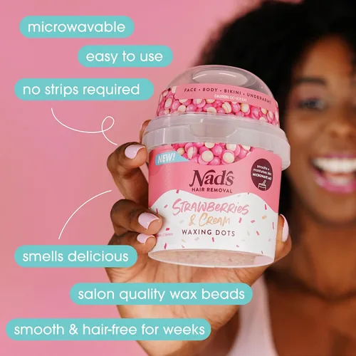 Vista 5 de Nad's Waxing Dots - Cuentas de cera dura de fresas y crema, fórmula sin tiras para microondas para mujeres