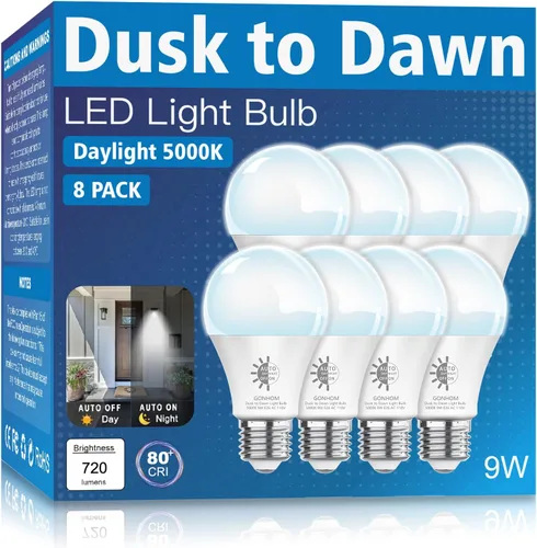 Vista 11 de Gonhom Paquete de 2 Bombillas de Luz del Atardecer al Amanecer para Exteriores, Blanco Cálido 2700K, 720LM, 9W (Equivalente a 60W) A19 E26 Bombillas