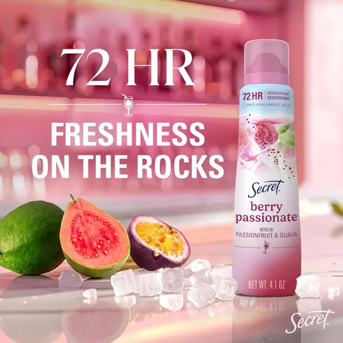 Vista 2 de Secret Desodorante antitranspirante para mujeres, paquete de barra y aerosol, Berry Passionate con aroma de maracuyá y guayaba, 72 horas de frescura