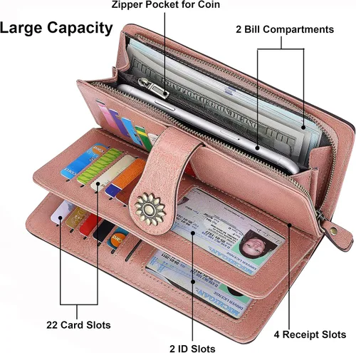 Vista 5 de Lavemi - Cartera de piel con bloqueo RFID para mujer, de gran capacidad, para llevarla a la muñeca