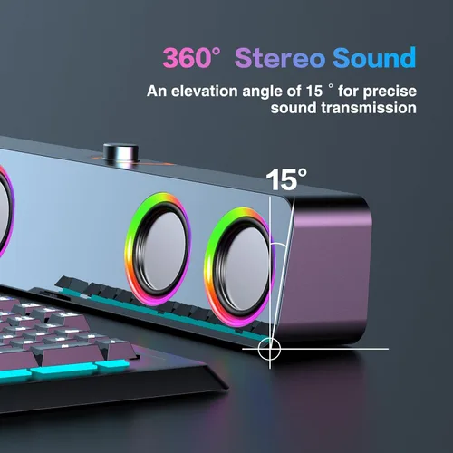 Vista 5 de Elimavi Altavoces de computadora para PC de escritorio, altavoces de 2.0 canales con iluminación LED estática y control de volumen, con una entrada