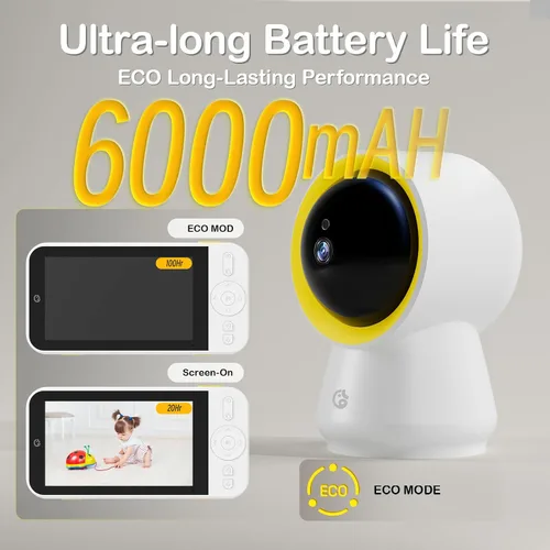 Vista 6 de Ellie - Monitor de bebé sin WiFi, monitor de bebé con cámara y audio, IPS 1080P de 5 pulgadas con montaje en pared, batería de 6000 mAh, rango