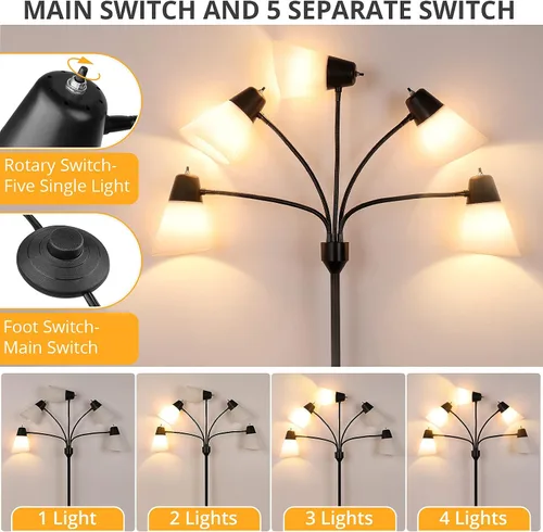 Vista 5 de FOLKSMATE Lámpara de Pie LED, Medusa Múltiples Cabezales Moderna Alta, Rústica Ajustable Luz de Lectura de Pie para Sala de Estar/Habitación de Negro