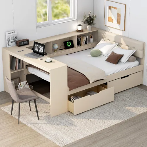 Vista 38 de VilroCaz Cama de sofá de tamaño individual de madera con estantes de almacenamiento y escritorio de estudio, estructura de cama de día Blanco