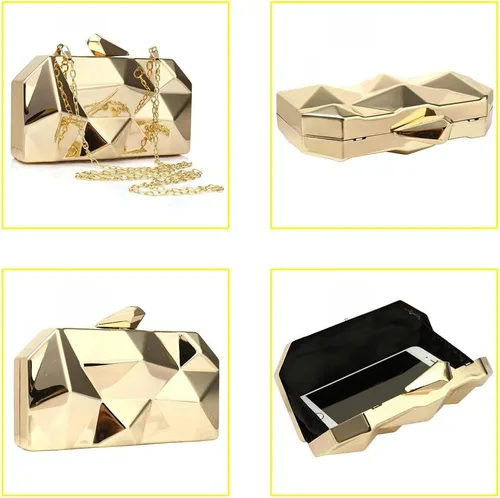 Vista 3 de Bolso de noche de metal con patrón geométrico de celosía para mujer, para boda, novia, graduación, bolso cruzado con cadena