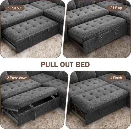 Vista 7 de Vipbear Sofá cama modular modular con cama extraíble, sofá modular en forma de L de felpilla con puertos USB/respaldo ajustable/asientos