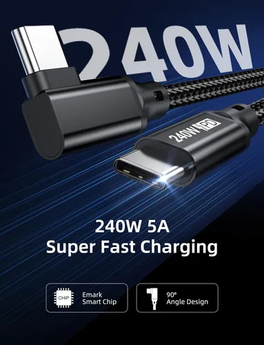 Vista 2 de Cable USB C a USB C de 240W 0.5FT, PD 3.1 Tipo C a C 5A Cable de Carga Rápida en Ángulo Recto para MacBook Pro/Air, iPad Pro/Air/Mini