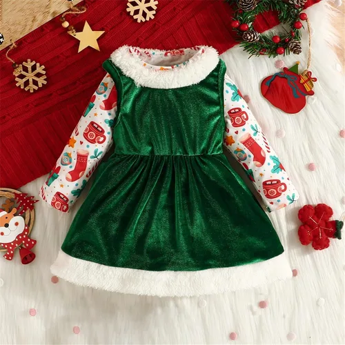 Vista 2 de TBUIALL Baby Girl Outfits Soft Cotton Warm Crewneck Long Sleeve Christmas Floral Hoodie + Gold Velvet Baby Girl