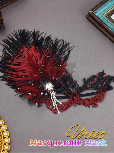Vista 3 de Urieo Máscara de plumas veneciana de encaje con diamantes de imitación, máscaras de cosplay para mujer