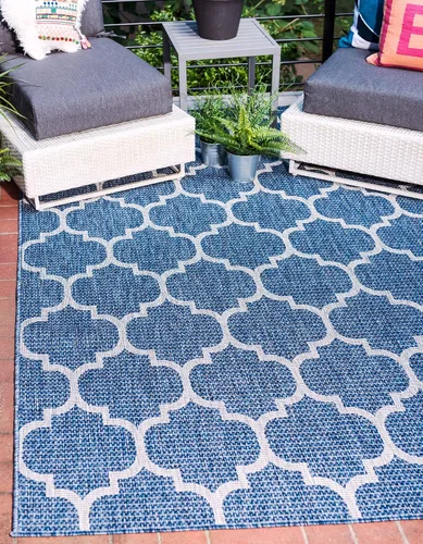 Vista 20 de Unique Loom Outdoor Trellis Collection Alfombra de Área (5' 1" x 8' Oval, Aguamarina/Gris)