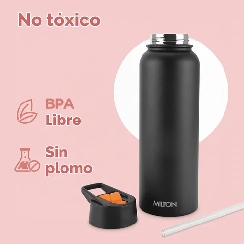Vista 3 de Milton Botella de agua aislada de 40 onzas con 4 tapas a prueba de fugas, termo aislado al vacío de doble pared de acero inoxidable, 12 horas