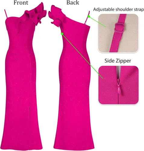 Vista 5 de VFSHOW Vestido largo con volantes y tirantes para mujer, fruncido, formal, para graduación, boda, cuello en V, elegante, dividido, cóctel, noche