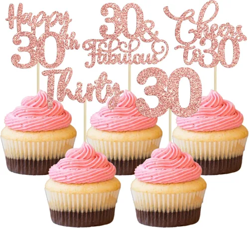 Vista 22 de Paquete de 30 adornos para cupcakes con purpurina de doble dígito para cumpleaños de 10 años, para cumpleaños, aniversario, fiesta, suministros