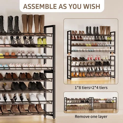 Vista 9 de Zapatero de metal, organizador de zapatos grande de 8 niveles, zapatero vertical de metal resistente de 4 niveles apilable para almacenamiento