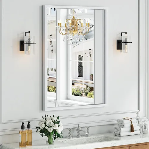 Vista 25 de Syndra Espejo de baño con marco de madera negra, 22 x 30 pulgadas, moderno espejo de tocador para pared, marco delgado y profundo impermeable Negro