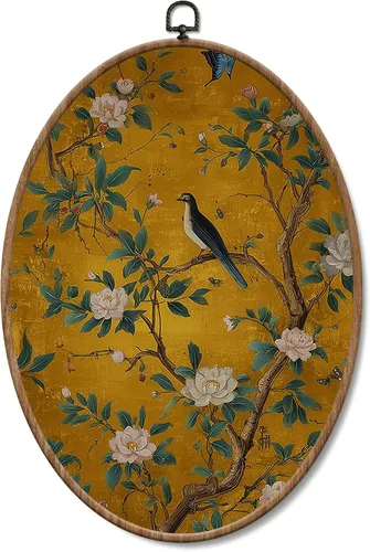 Vista 22 de Yorhifa Grandmillennial - Arte de pared enmarcado con lazo rosa coqueta, arte de pared redondo de chinoiserie azul y blanco, decoración de paredes