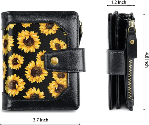 Vista 4 de Simikol Cartera pequeña para mujer, monedero plegable con bloqueo RFID, tarjetero de crédito con bolsillo con cremallera, Girasol, Vintage