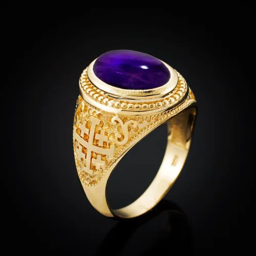 Vista 2 de 14K Amarillo Oro Jerusalén Cruz púrpura Amethyst cabujón febrero Birthstone Anillo