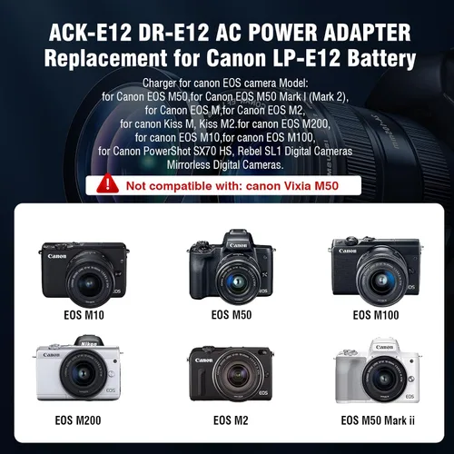 Vista 2 de ACK-E12 Adaptador de fuente de alimentación de CA DR-E12 Kit de acoplador de CC para cámaras Canon EOS M M2 M10 M50 Mark II M100 M200.